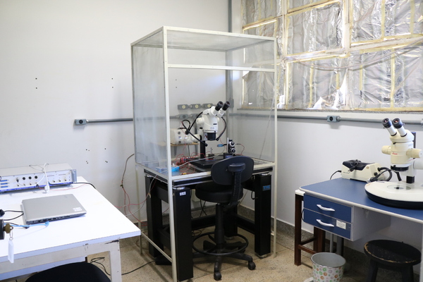 Estação de eletrofisiologia, com micromanipulador, microscópio esterioscópio, gaiola de Faraday e IDAC